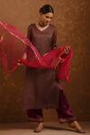 Buy_Priti Prashant_Maroon Silk Organza, Handwoven Tissue Stripes, Mashru V Neck Kurta Set _at_Aza_Fashions