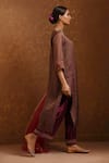 Priti Prashant_Maroon Silk Organza, Handwoven Tissue Stripes, Mashru V Neck Kurta Set _Online_at_Aza_Fashions