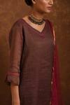Shop_Priti Prashant_Maroon Silk Organza, Handwoven Tissue Stripes, Mashru V Neck Kurta Set _Online_at_Aza_Fashions