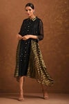 Buy_Priti Prashant_Black Handwoven Tissue Stripes Shirt Collar Asymmetric Chanderi Dress  _at_Aza_Fashions