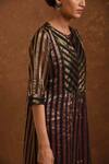 Priti Prashant_Black Handwoven Tissue Stripes, Mashru V Neck Kurta And Pant Set_Online_at_Aza_Fashions