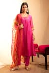 Priti Prashant Pink Handwoven Tissue Stripes, Chanderi V Neck Anarkali And Pant Set Online at Aza Fashions Priti Prashant_Pink Handwoven Tissue Stripes, Chanderi V Neck Anarkali And Pant Set _Online_at_Aza_Fashions