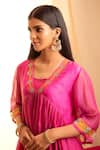 Shop Priti Prashant Pink Handwoven Tissue Stripes, Chanderi V Neck Anarkali And Pant Set at Aza Fashions Shop_Priti Prashant_Pink Handwoven Tissue Stripes, Chanderi V Neck Anarkali And Pant Set _at_Aza_Fashions