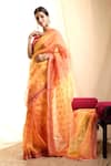 Buy_Priti Prashant_Orange Handwoven Sheer Silk V Neck Saree _at_Aza_Fashions