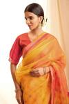 Shop_Priti Prashant_Orange Handwoven Sheer Silk V Neck Saree _at_Aza_Fashions