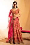 Buy_Priti Prashant_Pink Handwoven Silk V Neck Chikankari Bridal Lehenga Set_at_Aza_Fashions