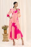 Buy_Samyukta Singhania_Pink Nylon Chiffon V Neck Shibori Midi Dress For Women_at_Aza_Fashions