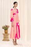 Samyukta Singhania_Pink Nylon Chiffon V Neck Shibori Midi Dress For Women_Online_at_Aza_Fashions