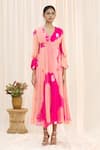 Shop_Samyukta Singhania_Pink Nylon Chiffon V Neck Shibori Midi Dress For Women_Online_at_Aza_Fashions