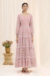 Shop_Samyukta Singhania_Pink Chiffon Sweetheart Neck Printed Maxi Dress _Online_at_Aza_Fashions