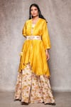 Buy_Ajiesh Oberoi_Yellow Chanderi, Mulmul Open Embroidered Jacket And Gharara Set_at_Aza_Fashions