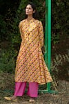 Buy_Rang Swati Vijaivargie_Yellow Silk Chanderi Mandarin Collar Kurta And Pant Set _at_Aza_Fashions