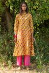 Buy_Rang Swati Vijaivargie_Yellow Silk Chanderi Mandarin Collar Kurta And Pant Set _Online_at_Aza_Fashions