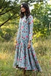Buy_Rang Swati Vijaivargie_Grey Silk Chanderi Mandarin Collar Printed Dress _Online_at_Aza_Fashions