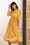 Vidhi Wadhwani_Yellow Silk Organza Round Applique Dress _Online_at_Aza_Fashions