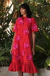 Buy_Vidhi Wadhwani_Red Cotton Band Collar Applique Shirt Dress _at_Aza_Fashions
