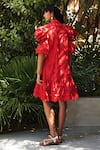 Shop_Vidhi Wadhwani_Red Cotton Band Collar Cutwork Dress_at_Aza_Fashions