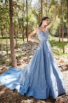 Pooja Peshoria_Blue Satin Sweetheart Neck Embroidered Gown_Online_at_Aza_Fashions