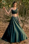 Buy_Pooja Peshoria_Green Satin Asymmetric One Shoulder Lehenga Set _at_Aza_Fashions