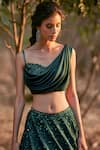 Pooja Peshoria_Green Satin Asymmetric One Shoulder Lehenga Set _Online_at_Aza_Fashions