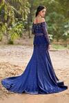 Shop Pooja Peshoria Blue Net, Crepe Satin V Neck Embroidered Off Shoulder Lehenga Set at Aza Fashions Shop_Pooja Peshoria_Blue Net, Crepe Satin V Neck Embroidered Off Shoulder Lehenga Set _at_Aza_Fashions