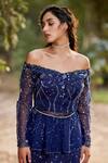 Pooja Peshoria Blue Net, Crepe Satin V Neck Embroidered Off Shoulder Lehenga Set Online at Aza Fashions Pooja Peshoria_Blue Net, Crepe Satin V Neck Embroidered Off Shoulder Lehenga Set _Online_at_Aza_Fashions