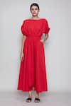 Buy_MATI_Red Cotton Round Cowl-draped Jumpsuit _at_Aza_Fashions