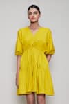 Buy_MATI_Yellow Cotton V Neck Flared Dress _at_Aza_Fashions