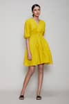 Buy_MATI_Yellow Cotton V Neck Flared Dress _Online_at_Aza_Fashions