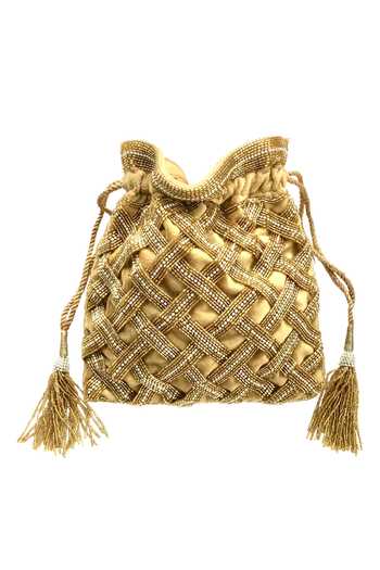 Shop_Kokommo_Gold Embroidery, Beads Embellished Velvet Potli Bag _at_Aza_Fashions
