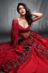 Buy_Shehlaa Khan_Red Lace Sweetheart Neck Blouse And Bridal Lehenga Set _at_Aza_Fashions