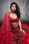 Shop_Shehlaa Khan_Red Lace Sweetheart Neck Blouse And Bridal Lehenga Set _at_Aza_Fashions