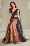 Buy_Shehlaa Khan_Beige Lace V Neck Tulle Pre-draped Saree _at_Aza_Fashions