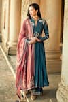 Buy_MATSYA_Blue Chanderi Silk Mandarin Collar Anarkali Set  _at_Aza_Fashions