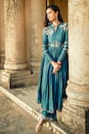 Shop_MATSYA_Blue Chanderi Silk Mandarin Collar Anarkali Set  _Online_at_Aza_Fashions