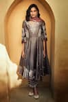 Shop_MATSYA_Grey Chanderi Silk Notched Anarkali Set  _at_Aza_Fashions