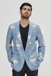 Buy_Gaurav Katta_Blue Linen Printed Blazer _at_Aza_Fashions