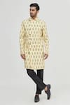 Gaurav Katta_Yellow Raw Cotton Printed Sherwani _Online_at_Aza_Fashions