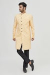 Gaurav Katta_Yellow Raw Cotton Printed Sherwani _Online_at_Aza_Fashions