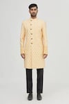 Shop_Gaurav Katta_Yellow Raw Cotton Printed Sherwani _Online_at_Aza_Fashions