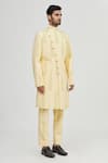 Gaurav Katta_Yellow Raw Cotton Printed Sherwani And Pant Set _Online_at_Aza_Fashions