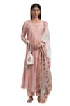 Buy_Chhaya Mehrotra_Peach Anarkali Handwoven Chanderi Pants Cotton Dupatta Silk Set  _at_Aza_Fashions