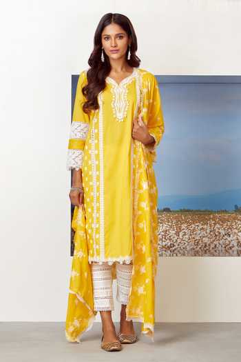 Saheli Double Layer Hand Embroidered Yellow Mulmul Cotton Kurta Dress With Printed Pink Slip main image 1
