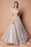 Buy_Shehlaa Khan_Beige Chantilly Lace Round Sheer Overlay And Lehenga Set _at_Aza_Fashions