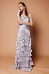 Buy_Shehlaa Khan_Silver Satin Sweetheart Neck Layered Ruffle Gown _at_Aza_Fashions