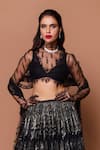 Shop_Shehlaa Khan_Black Chantilly Lace Crop Top V Neck Lehenga Set _at_Aza_Fashions