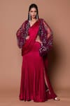 Buy_Shehlaa Khan_Red Satin V Neck Draped Saree With Blouse _at_Aza_Fashions