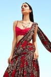 Buy_Shehlaa Khan_Red Georgette V Neck Printed Draped Saree With Blouse _at_Aza_Fashions