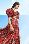 Buy_Shehlaa Khan_Red Satin Organza V Neck Printed Tie-up Blouse And Lehenga Set _at_Aza_Fashions