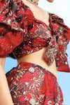 Shehlaa Khan_Red Satin Organza V Neck Printed Tie-up Blouse And Lehenga Set _Online_at_Aza_Fashions